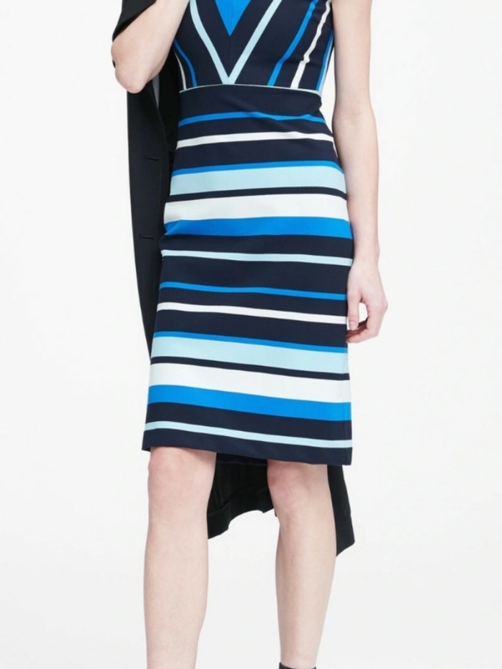 Banana Republic Navy, Royal Blue and White Striped V-Neck Midi Dress